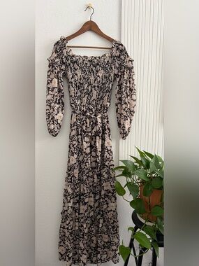 Black and Cream Floral Smocked Off-Shoulder Long-Sleeve Maxi Dress